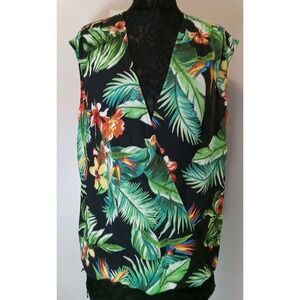 New York And Co 7th Avenue Sleeveless Multicolor Floral Faux Wrap Blouse Size Xl